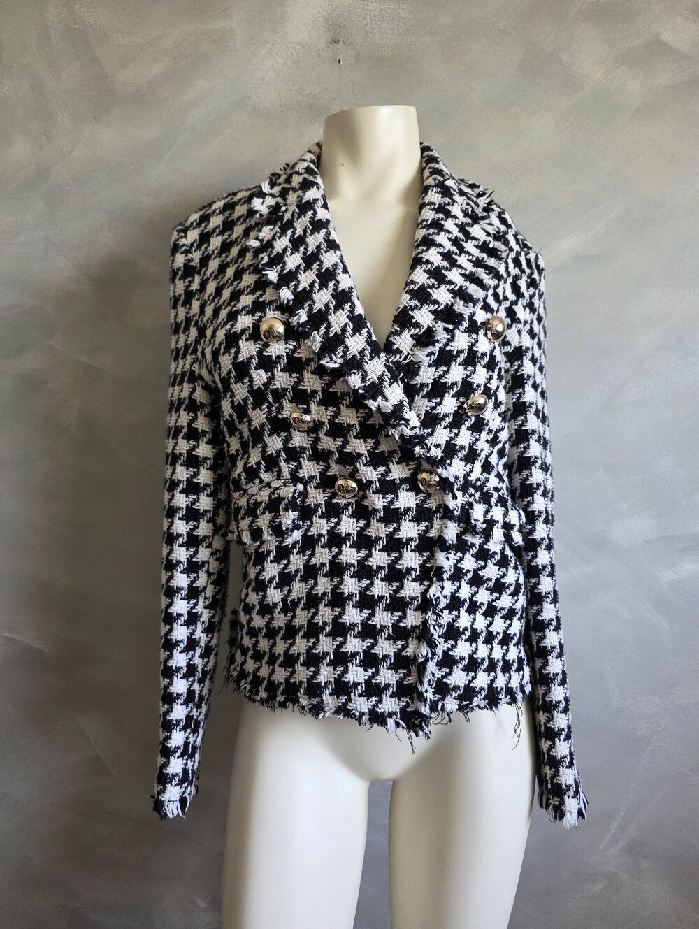Mango MNG Double Breasted Houndstooth Tweed Fray Black White Silver Blazer Sz L